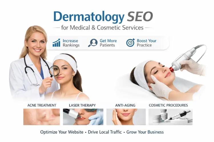 Dermatology SEO for medical and cosmetic services with treatment visuals.