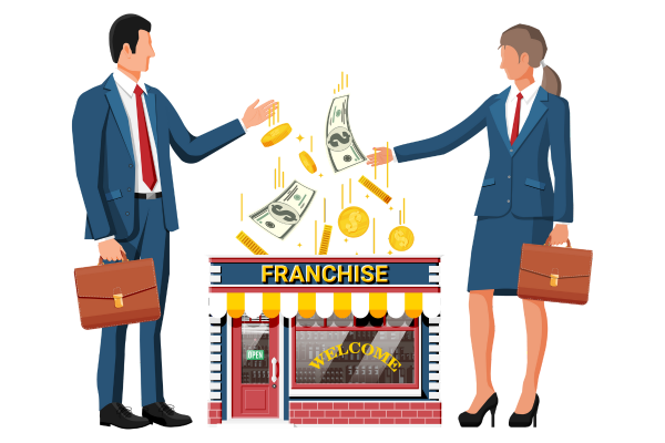 Man and woman with franchise business icon showing SEO growth and scaling.