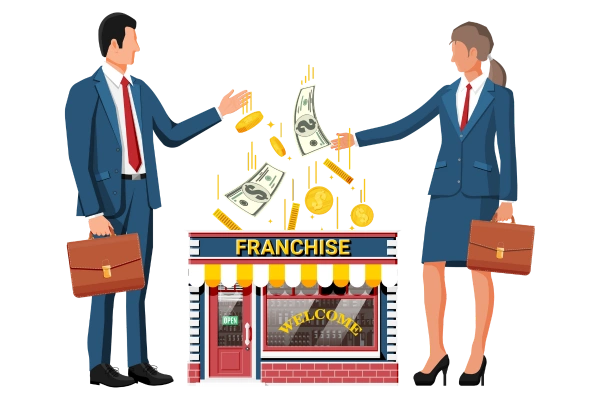 Man and woman with franchise business icon showing SEO growth and scaling png