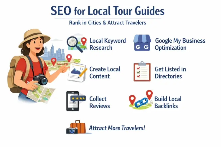 An image of a female tour guide holding a map and camera, surrounded by icons and tips about SEO for local tour guides.