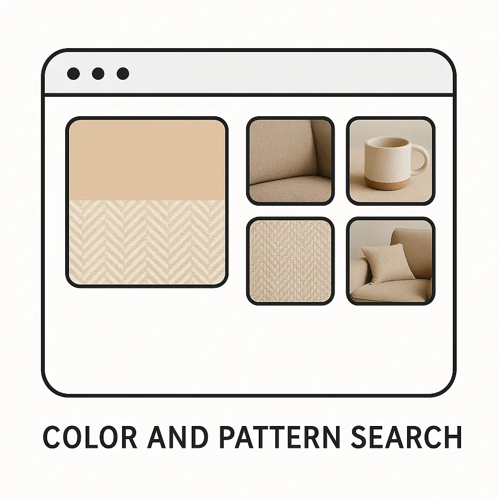 Color and pattern search tool displaying photos filtered by matching colors and designs