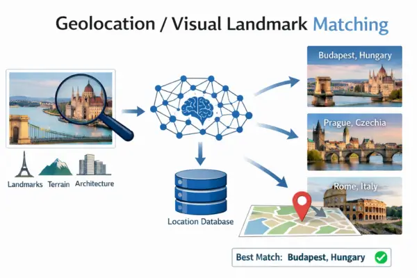 Image showing how geolocation and visual landmark matching identifies the location of a photo using buildings, terrain, and skyline
