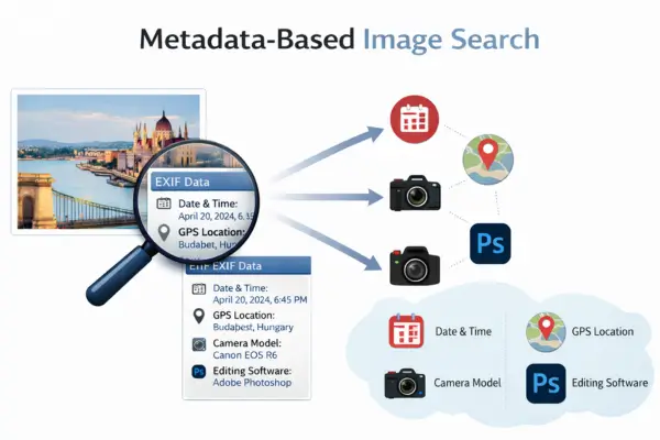 Image showing how metadata-based image search extracts EXIF data such as camera details, time, and location