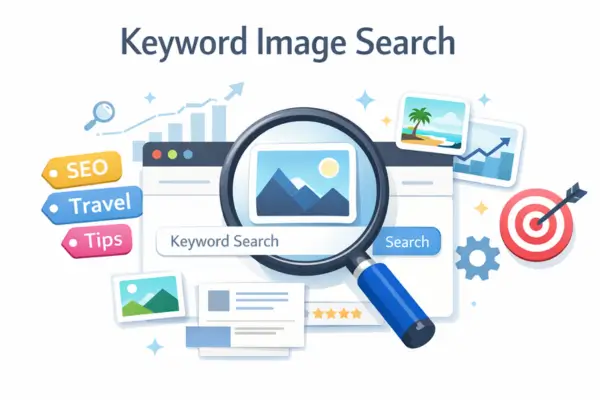 Keyword image search graphic with search bar, images, and analytics icons