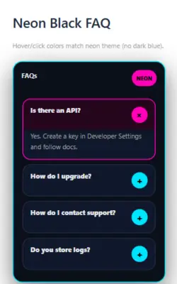 Neon Black FAQ Template Mobile Version Neon Black FAQ Template Mobile Version