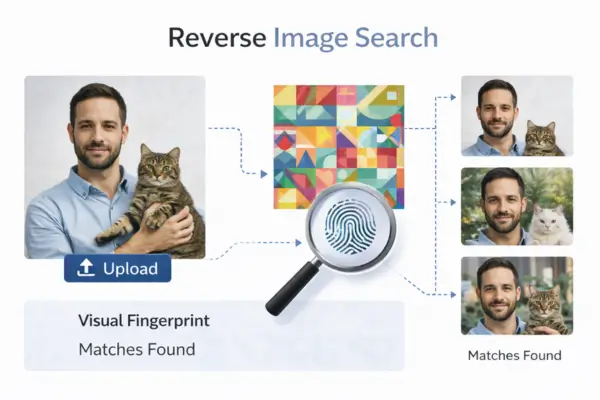 Reverse image search infographic showing image upload, visual fingerprint, and matching image results