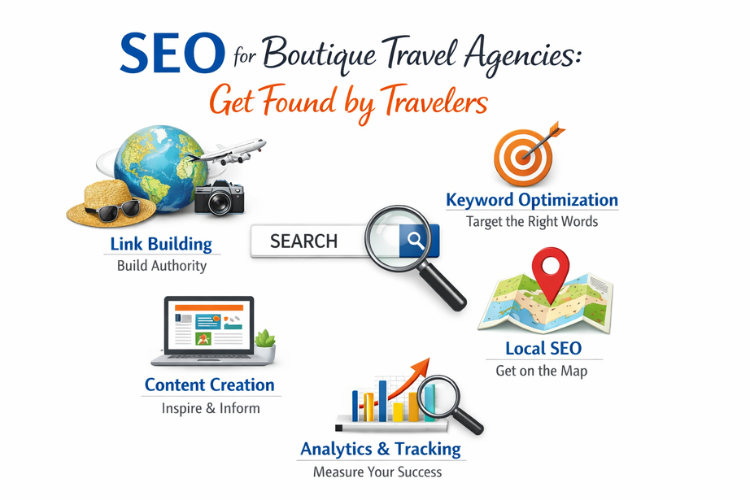 SEO for Boutique Travel Agencies with icons showing tips like keyword optimization, local SEO, and link building. SEO for Boutique Travel Agencies with icons showing tips like keyword optimization, local SEO, and link building.