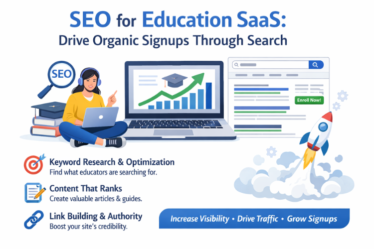 SEO for Education SaaS infographic showing strategies like keyword research, content creation, and link building to increase organic signups