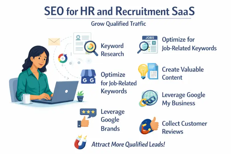 SEO for HR and Recruitment SaaS shown with a woman using a laptop and icons displaying key SEO tips (1) SEO for HR and Recruitment SaaS shown with a woman using a laptop and icons displaying key SEO tips (1)