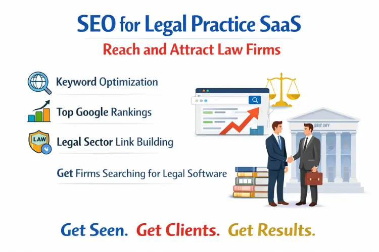 SEO for Legal Practice SaaS graphic with law firm marketing tips and icons