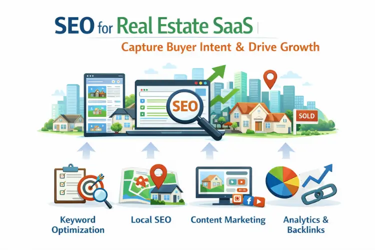 SEO for Real Estate SaaS graphic showing property listings, SEO tools, and icons for keyword optimization, local SEO, content marketing, and analytics