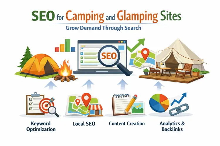 SEO for camping and glamping sites illustration showing tents, laptop with SEO tools, and icons
