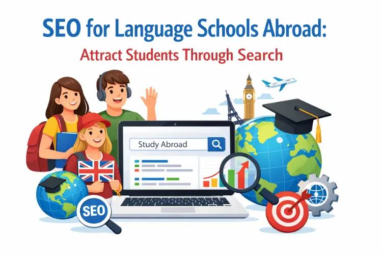 SEO for language schools abroad with students, laptop, and travel icons