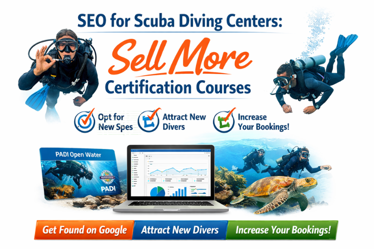SEO for scuba diving centers showing divers and marketing icons to boost certification course sales