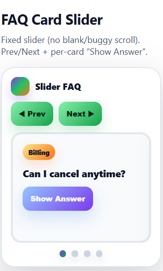 Card Slider FAQ Template Mobile Version