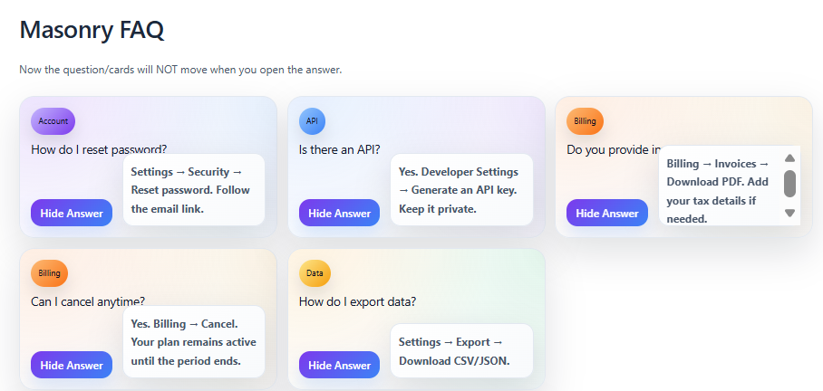 Masonry Ans Side Open FAQ Template